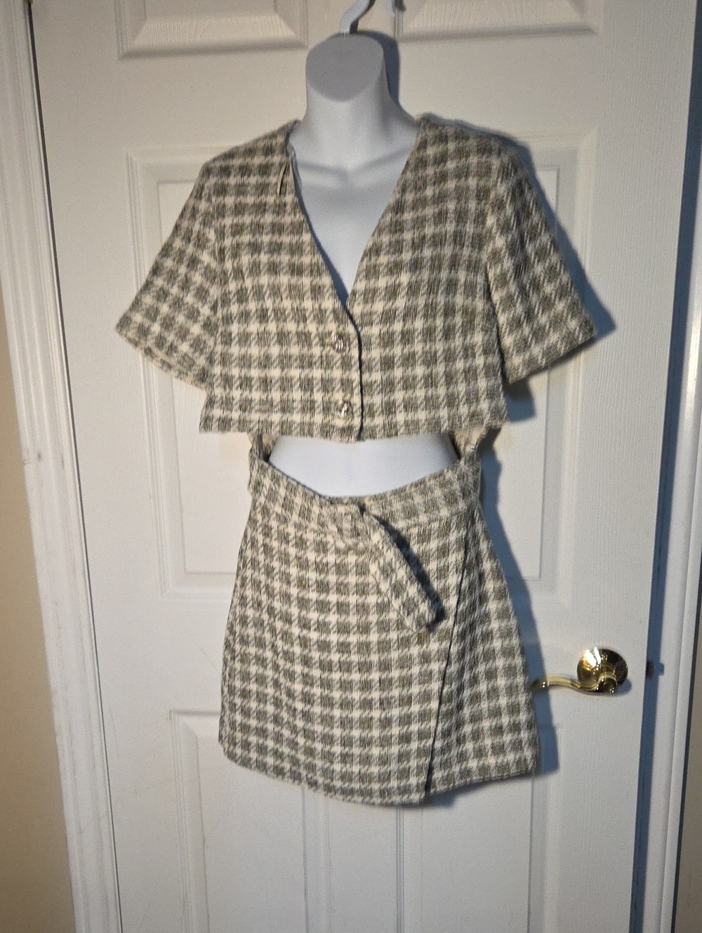Zara Cut Out Houndstooth Wrap Skirt Dress in Taupe & White Tweed